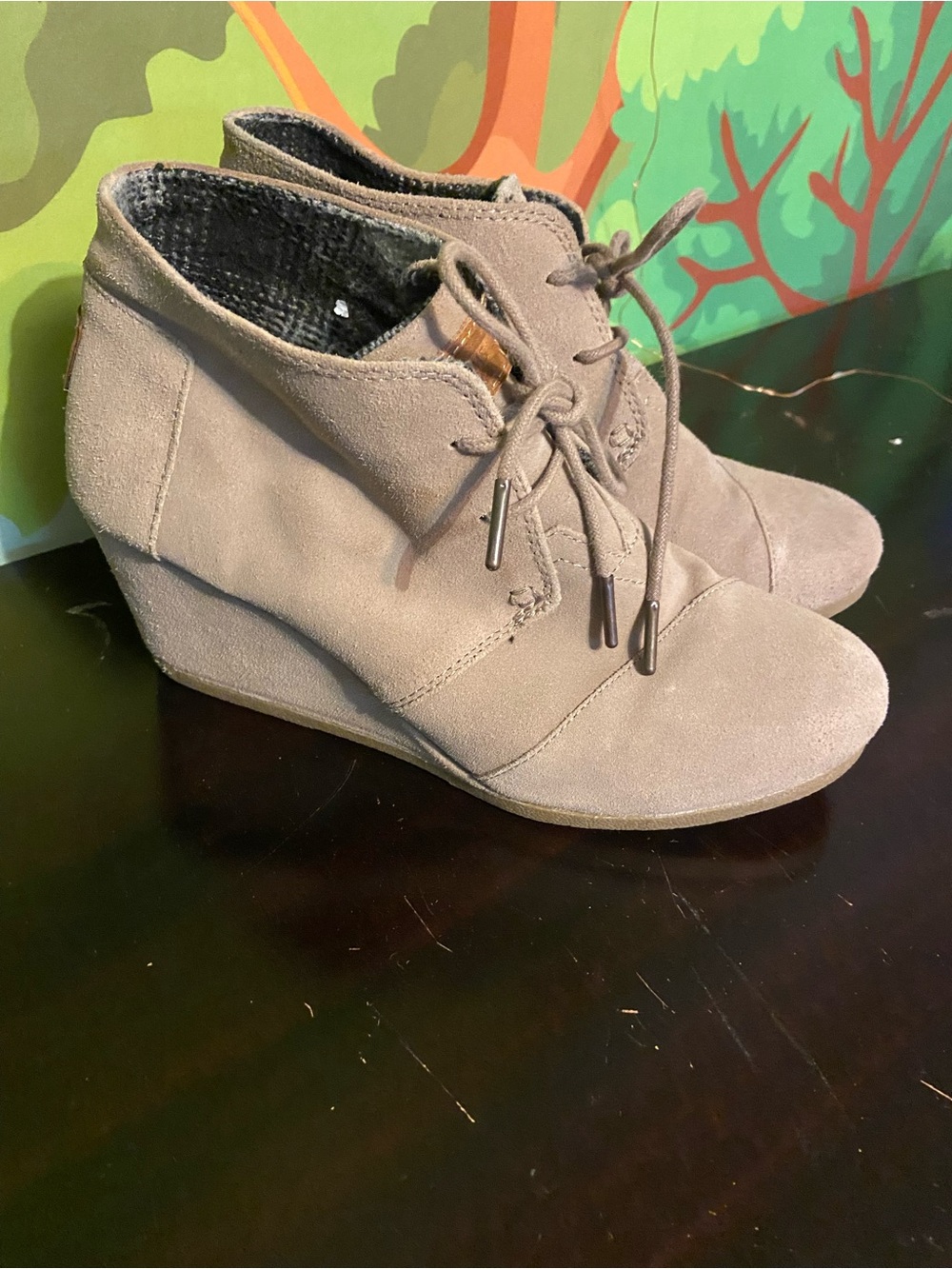 Toms Taupe Suede Lace-Up Wedge Booties